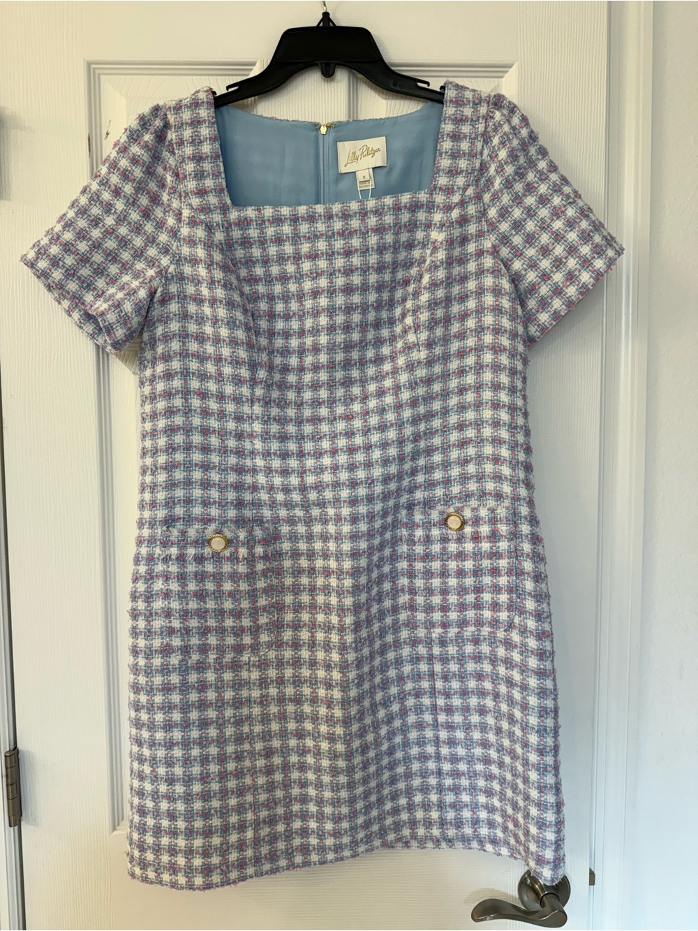 Lilly Pulitzer Light Blue, Pink & White Checkered Tweed Shift Dress